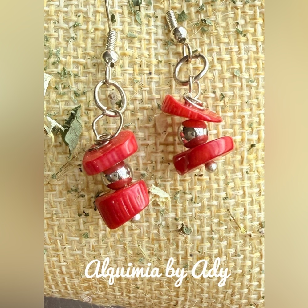 BOHO + Red coral and Silver Earrings - Picture 1 of 2